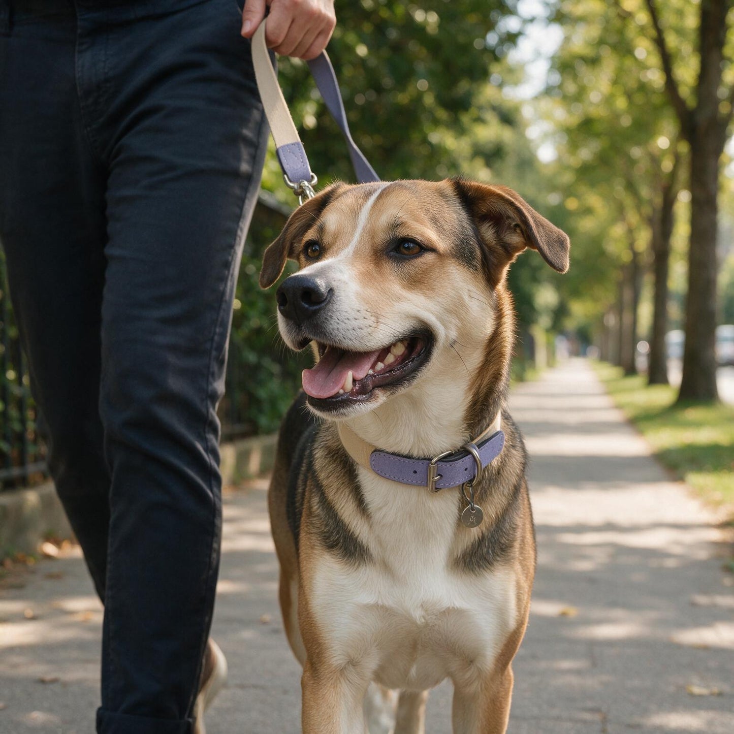 Baseball Dog Collar - dog on a leash walk wearing collar