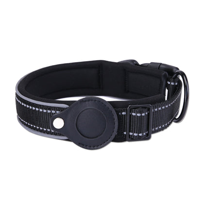 Black dog collar with reflective strip on a white background