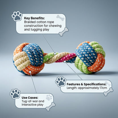 Cotton Rope Dog Toy – Small Dumbbell Chew &amp; Tug Toy, 17cm Multicolor Braided Rope