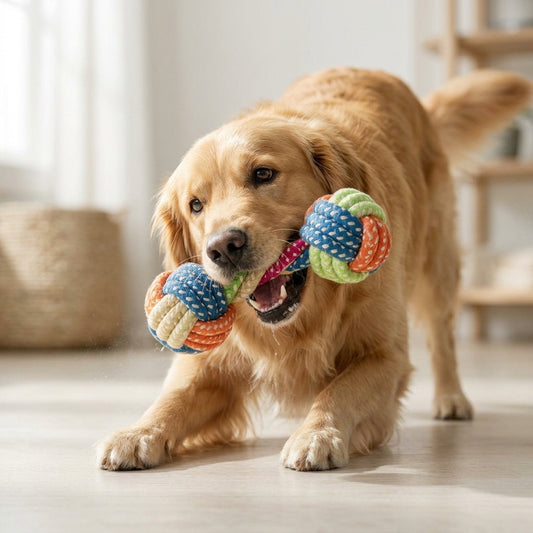 Jouet pour chien en corde de coton – Petit haltère à mâcher et à tirer, corde tressée multicolore de 17 cm