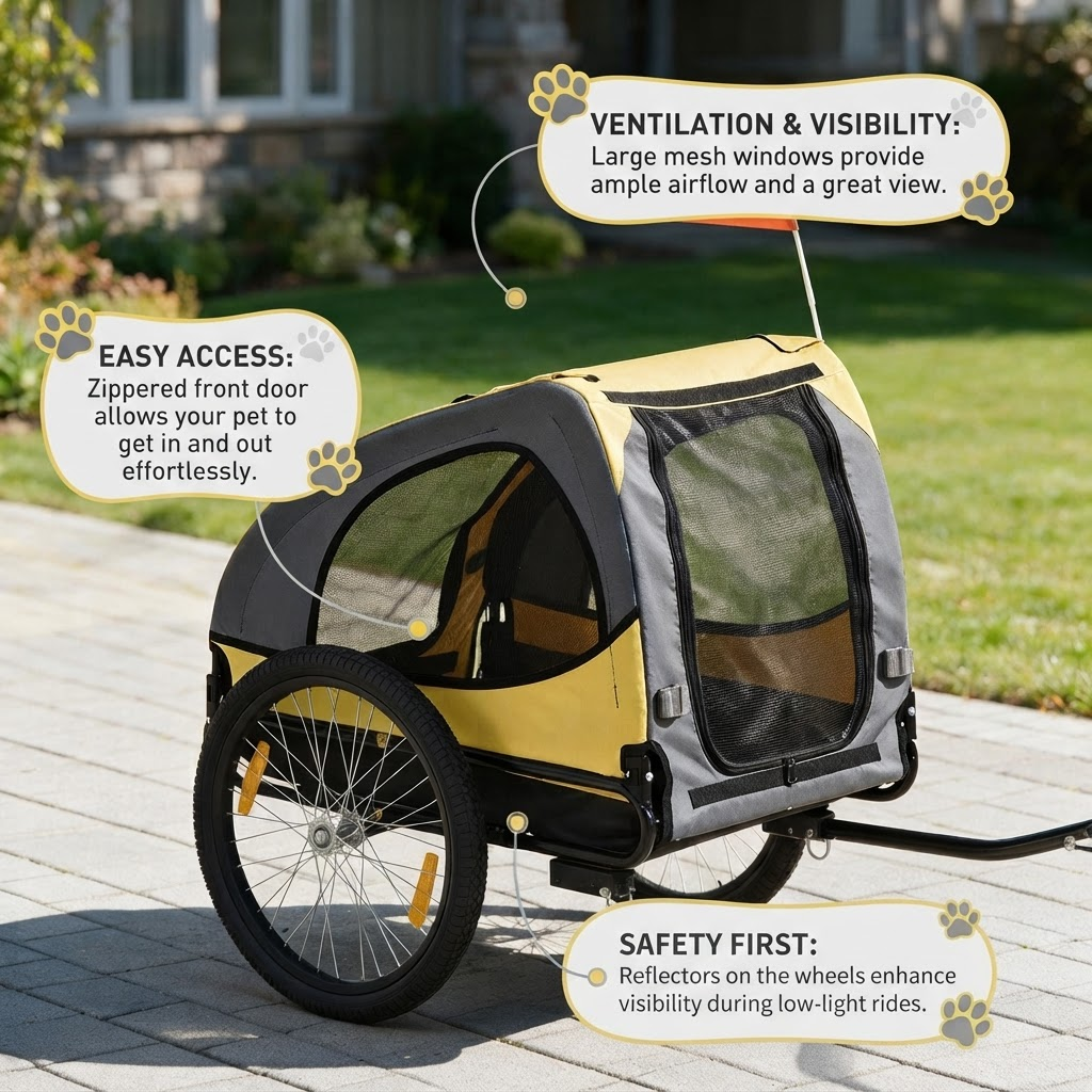 Remorque Vélo pour Chiens Moyens – Remorque de Bicyclette pour Animaux avec Laisse de Sécurité, Fenêtres en Maille & Roues à Dégagement Rapide
