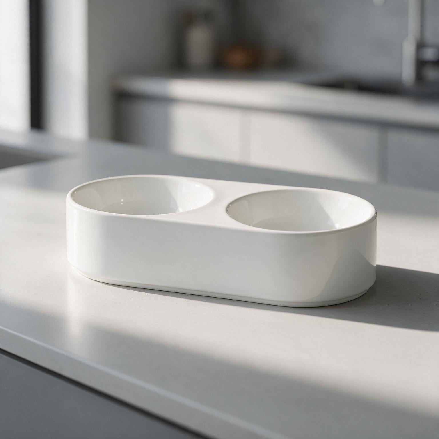 Double Bowl Ceramic Pet Drinking Bowl - white ceramic bowl set on modern kitchen countertop