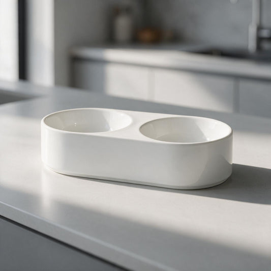 Double Bowl Ceramic Pet Drinking Bowl - white ceramic bowl set on modern kitchen countertop