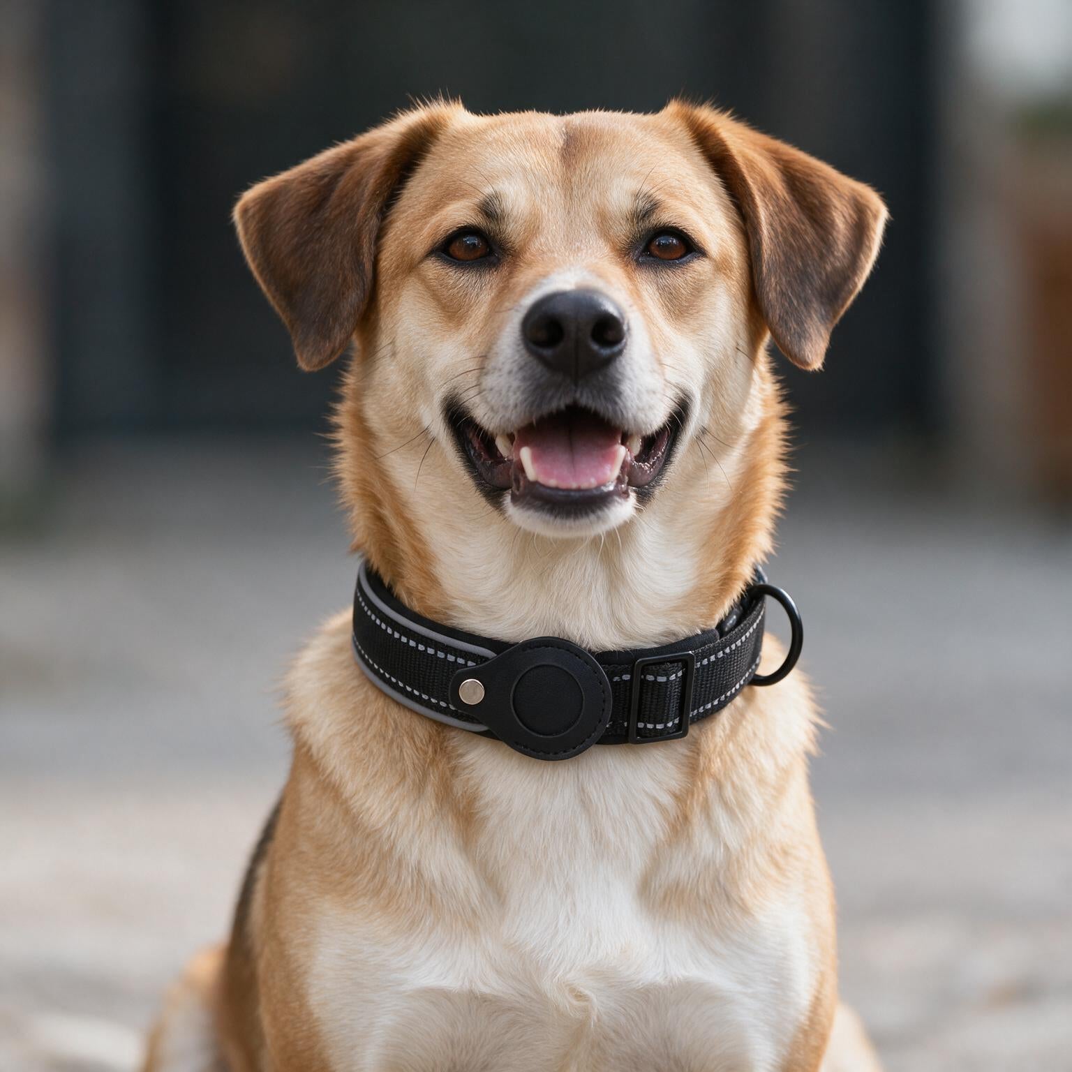 Nylon Adjustable Dog Positioning Collar - black padded collar with AirTag holder worn by a dog
