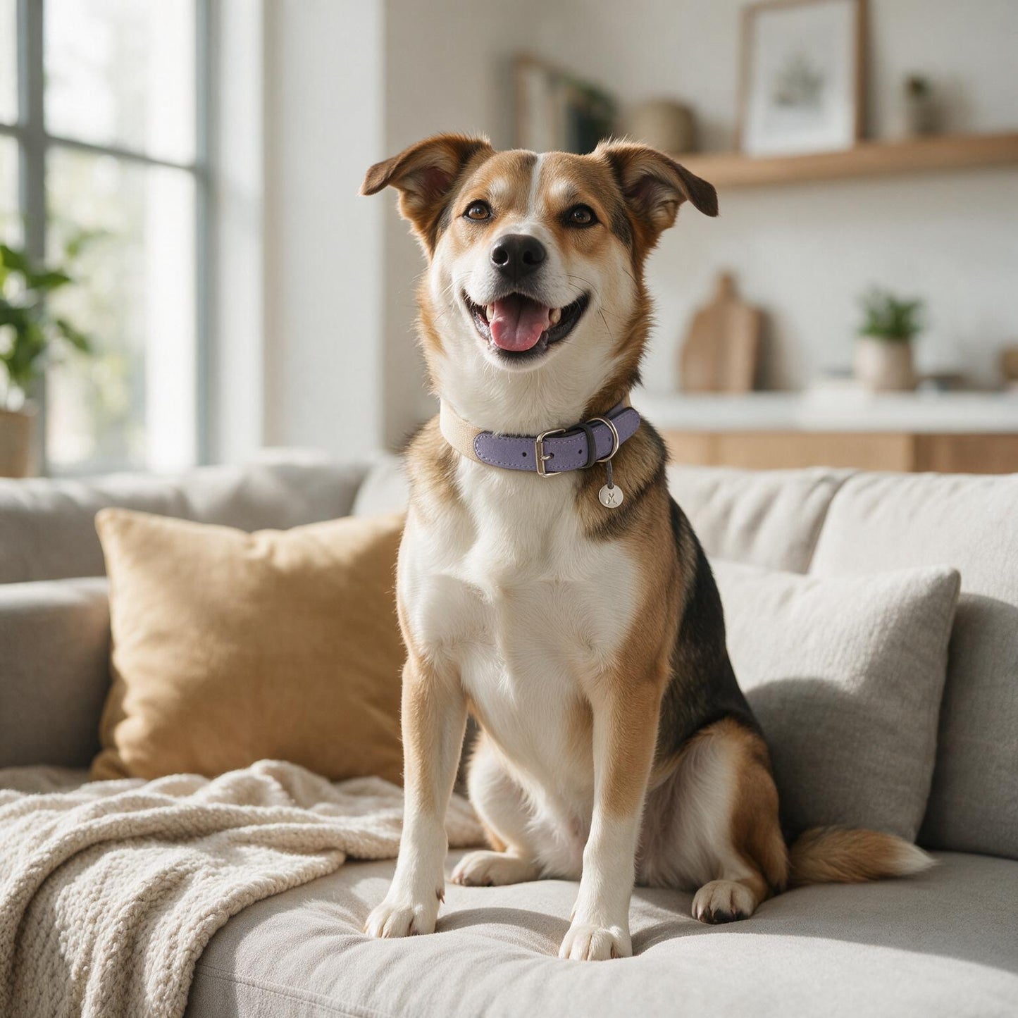 Baseball Dog Collar - dog wearing collar indoors on sofa