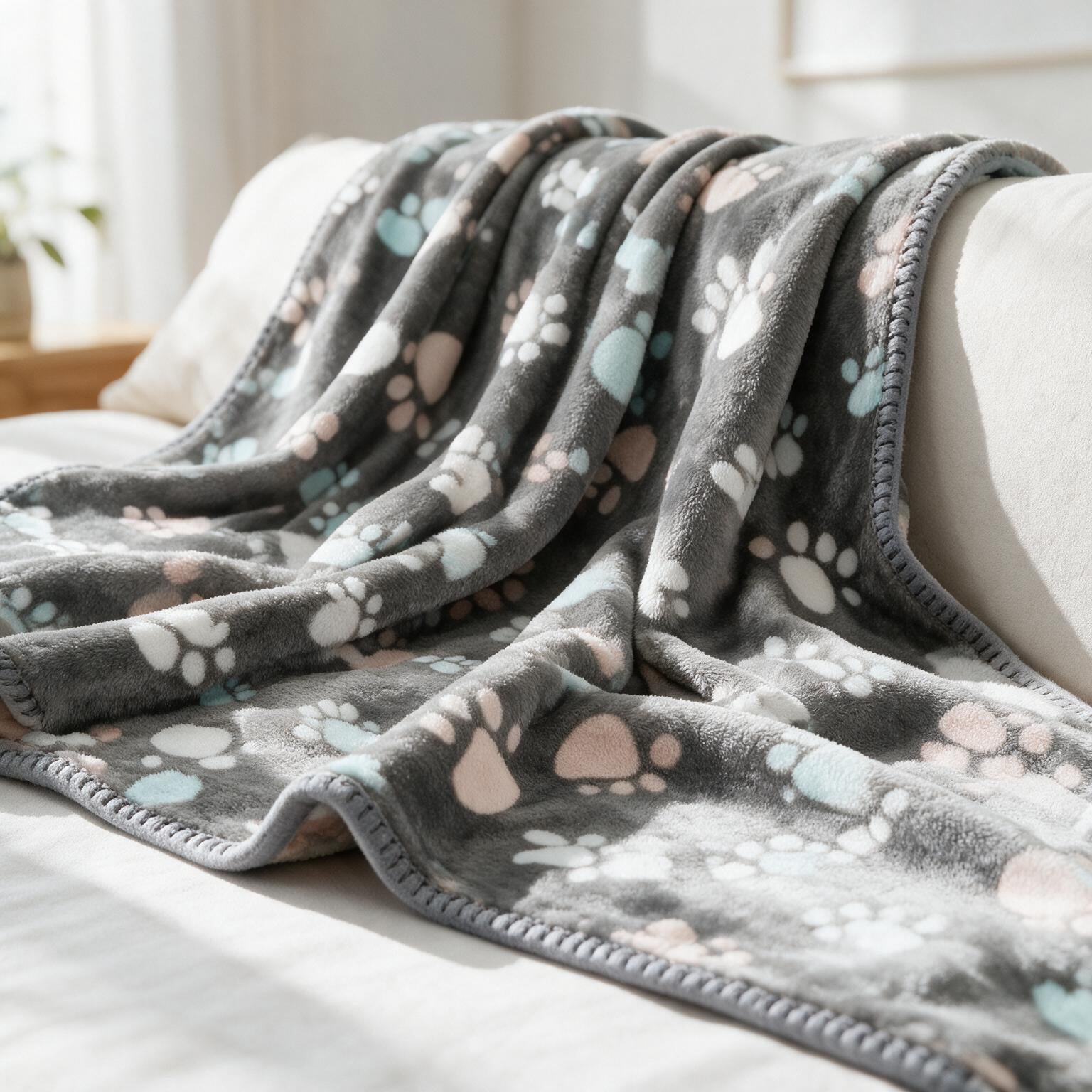 Pet Blanket Dog Cat Coral Fleece Blanket - gray blanket with paw print pattern draped on a sofa